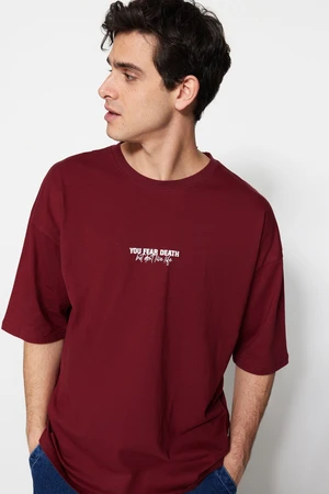 Trendyol Claret Red Oversize/Wide Cut 100% Cotton Minimal Text Printed T-Shirt