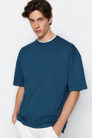 Trendyol Petrol Oversize/Wide Cut Short Sleeve Contrast Piece Detail Cotton T-Shirt