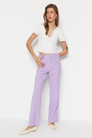 Trendyol fialové rovné nohavice s vysokým pásom rebrované prešívané tkané nohavice