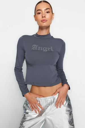 Trendyol Anthracite Stone Slogan Printed Cotton Stretch High Neck Fitted/Situated Knitted Blouse