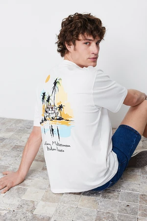 Trendyol Ecru Oversize/Wide Cut Landscape Printed 100% Cotton Short Sleeve T-Shirt