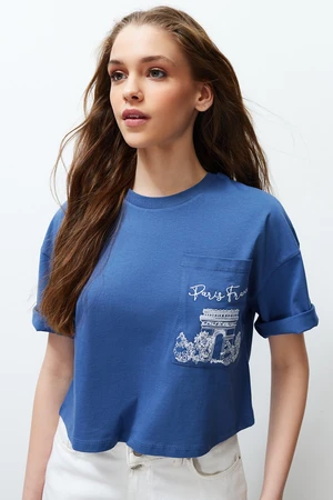 Trendyol Indigo 100% Cotton Crop Knitted T-Shirt with Pocket Embroidery Detail