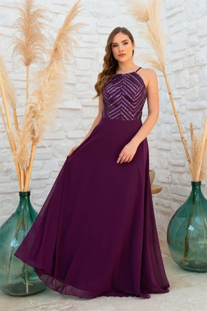 Carmen Plum Halter Sequined Long Evening Dress.