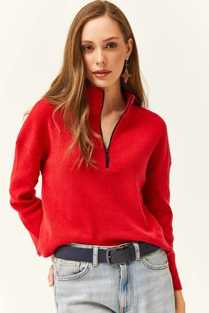 Olalook Women's Red Zipper High Neck Raised Sweater