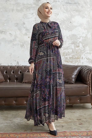 InStyle Viera Shawl Patterned Chiffon Dress with Belted Collar - Black