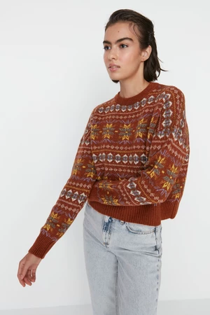 Trendyol hnedý široký strih mäkký textúrovaný vzorovaný pletený sveter