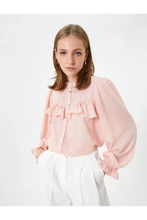 Koton Chiffon Shirt Large Collar Balloon Sleeve Frilly Textured Buttoned