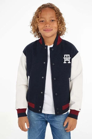 Dětská bomber bunda s příměsí vlny Tommy Hilfiger tmavomodrá barva