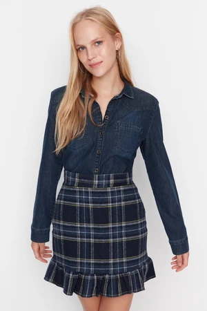 Trendyol Blue Checked Patterned Mini Woven Mini Skirt with Ruffles