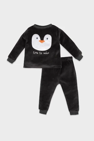 DEFACTO Baby Boy Pajama Set Penguin Patterned Velour Long Sleeve Top Elastic Waist Long Bottom