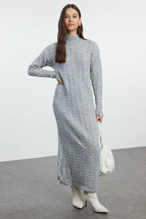 Trendyol Gray Braided Knitwear Dress with Pearl Accessories