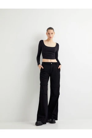 Koton Long Sleeve Crop Bodysuit with U Neck Drape Detail