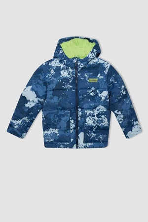 DEFACTO Boy's Water Repellent Hooded Patterned Zippered Pocket Fleece Lined Puffer Jacket