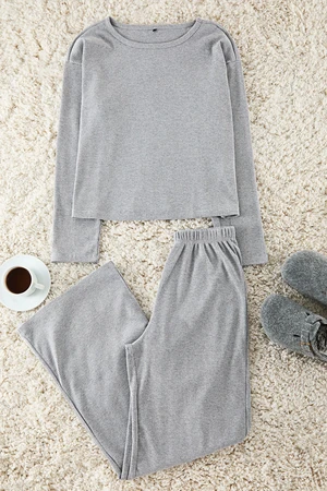 Trendyol Grey Melange Ribbed Knitted Pajama Set