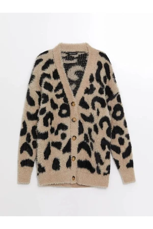 LC Waikiki LCW Modest V Neck Leopard Patterned Long Sleeve Women's Knitwear Cardigan