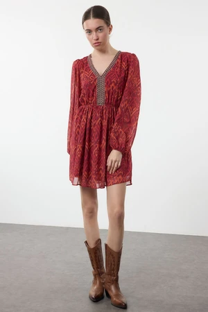 Trendyol Burgundy Floral Mini Woven Dress