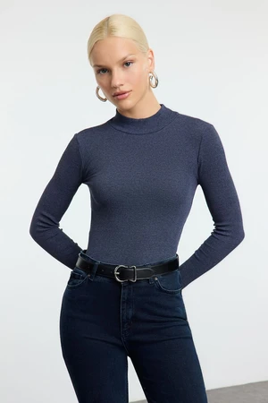 Trendyol Indigo Fitted High Neck Long Sleeve Ribbed Stretchy Knitted Blouse