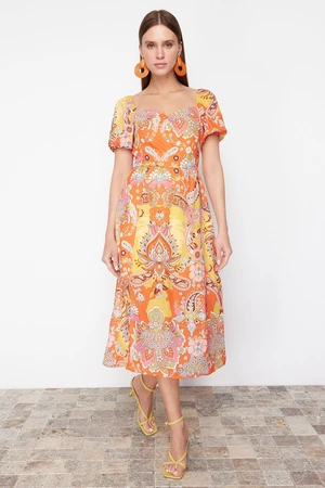 Trendyol Orange Patterned A-Line Square Collar Slit Midi Lined Chiffon Woven Dress