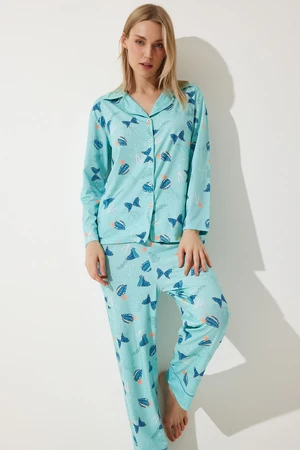 Happiness İstanbul Women's Aqua Green Patterned Shirt-Pants Knitted Pajama Set