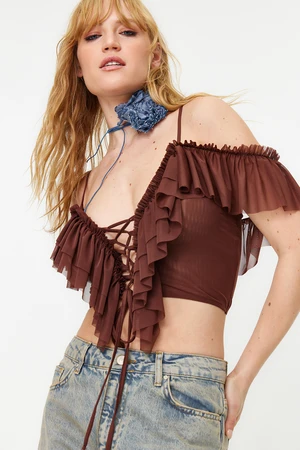 Trendyol Brown Crop Ruffle Knitted Blouse