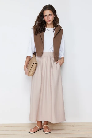 Trendyol Beige Plain Flared Woven Skirt