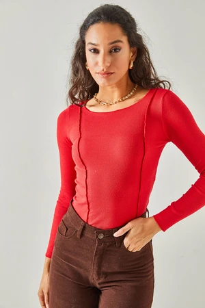 Olalook Women's Red Stitch Detail Crop Lycra Blouse