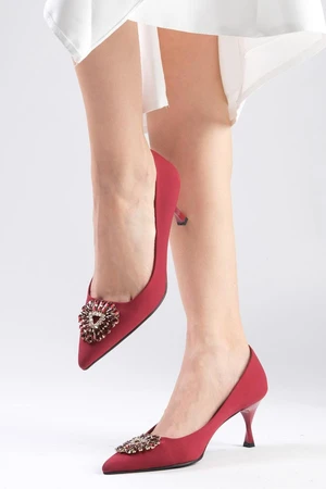 Mio Gusto Alexandra Burgundy Color Matte Satin Fabric with Crystal Stones Women's Evening Dress Stiletto Shoes.