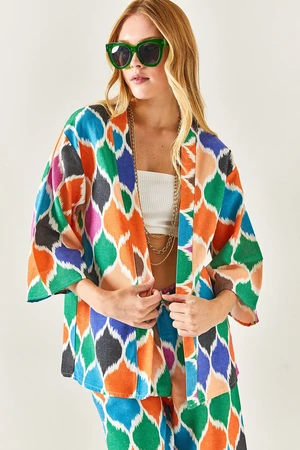 Olalook Women's Baklava Orange Patterned Linen Kimono