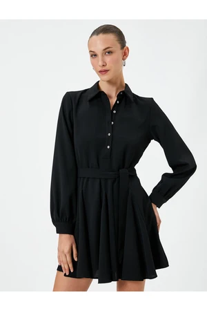 Koton Mini Balloon Sleeve Dress With Ruffles, Belted Waist and Buttoned.