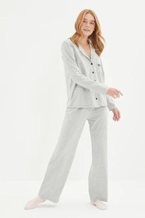 Trendyol Gray Cotton Embroidered Knitted Pajamas Set