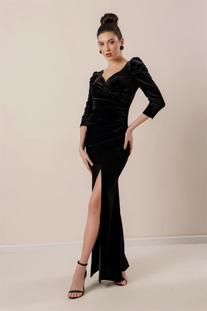 By Saygı Pleated Slit Long Velvet Dress