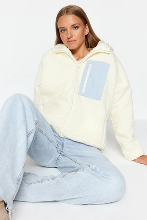 Trendyol Ecru Oversized Hooded Pocket Detailed Plush Coat