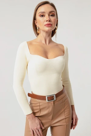 Lafaba Women's Cream Heart Collar Corduroy Knitwear Sweater