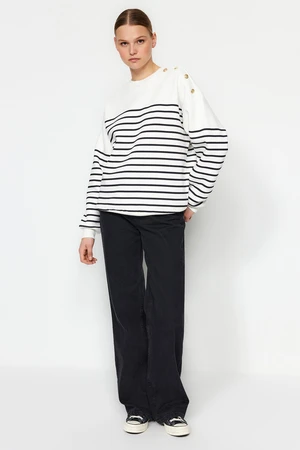 Trendyol Ecru Striped Button Detail Thicker Fleece Inside Oversized/Cromatic Knitted Sweatshirt