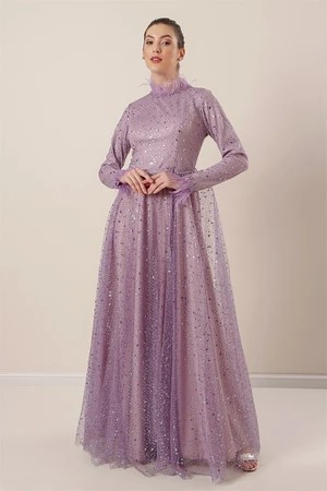 By Saygı Collar and Sleeve Ends Feathered Waist Belted Lined Bead Detailed Tulle Long Dress Lilac