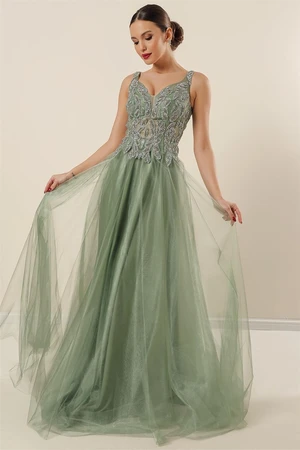 By Saygı Front Back V-Neck Beaded Lined Long Tulle Dress Mint