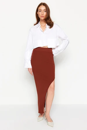 Dilvin 80108 Left Side Slit Knitwear Skirt-brown