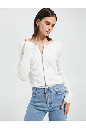 Koton Zippered Cardigan Ribbed Round Neck