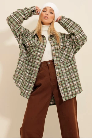 Trend Alaçatı Stili Women's Green Beige Checked Stamped Cotton Oversized Jacket Shirt