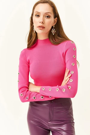 Olalook Women's Fuchsia Half Turtleneck Detailed Knitwear Blouse