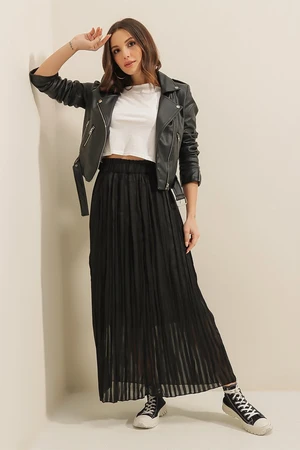 By Saygı Elastic Waist and Lined Striped Skirt Black