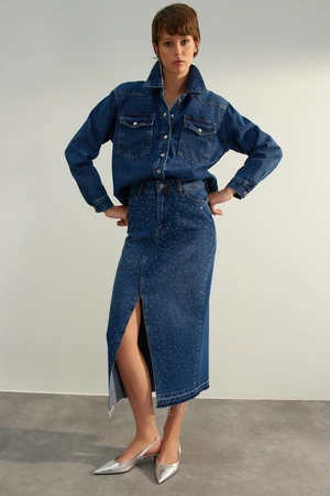 Trendyol Dark Blue Stones Maxi Denim Skirt