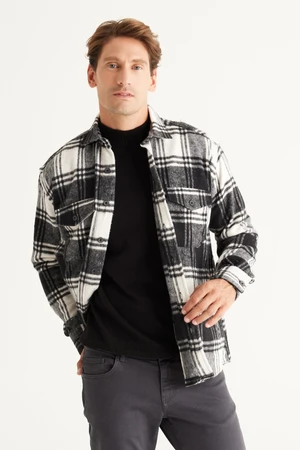 AC&Co / Altınyıldız Classics Men's Black-ecru Oversize Loose Cut Button Collar Checked Winter Shirt Jacket