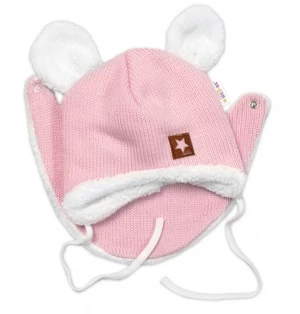 Baby Nellys Pletená zimní čepice s kožíškem a šátkem Star, růžová, vel. 80-86 (12-18m)