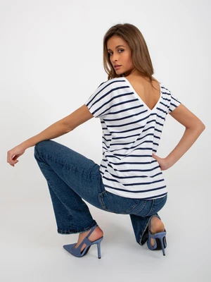 White and dark blue basic T-shirt with neckline at the back