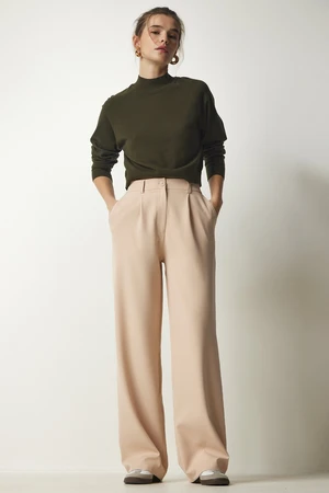 Happiness İstanbul Women's Cream Pleated Woven Trousers