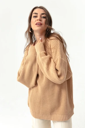 Lafaba Women's Tan Crew Neck Oversized Knitwear Sweater