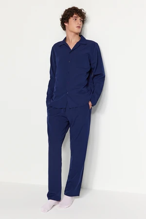 Trendyol Navy Blue Men's Regular Fit Plaid Weave Pajamas Set.