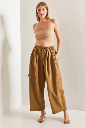 Bianco Lucci Women's Oversized Parachute Fabric Pants with Elastic Waist, Cargo Pocket.