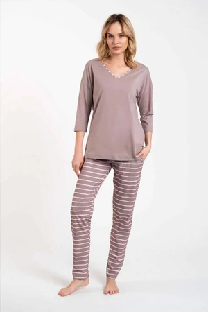 Women's pyjamas Betty, 3/4 sleeves, long trousers - cappuccino/cappuccino print